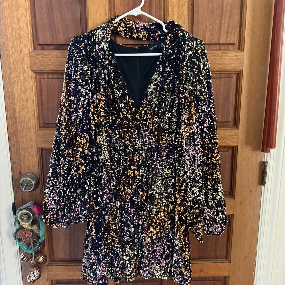 Boohoo Multicolor Sequin Long Sleeve Dress